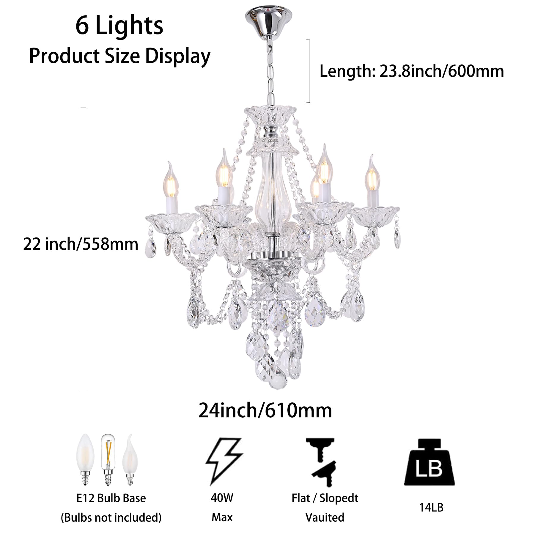 Uboxin Modern Crystal Chandelier with 6 E12 Sockets, Adjustable
